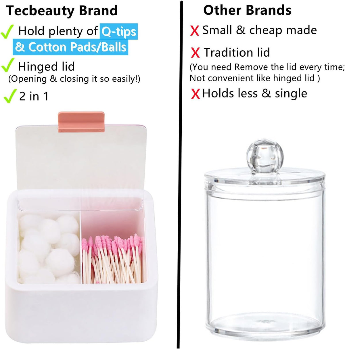 Tecbeauty 2pcs Qtips Holder - Middle Divider Cotton Pads Storage Dispenser Bathroom Organizer with Clear Hinged Lids for Cotton Balls Swabs Rounds-White & Blue