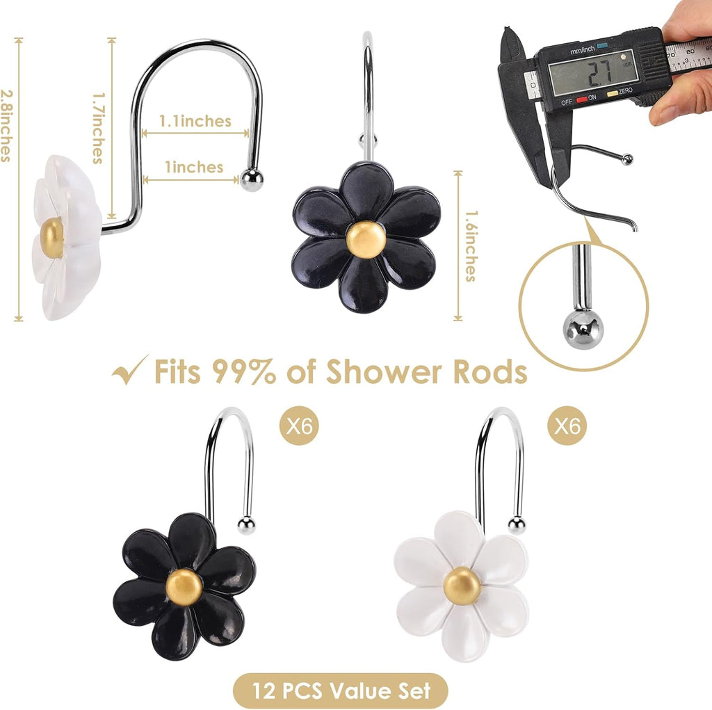 3D Floral Shower Curtain Hooks, 12 Pcs Rust Proof Resin Metal Hooks Shower Curtain Rod Rings, Ideal for Bathroom, Bedroom, Living Room Fun Home Decor (Black and White)