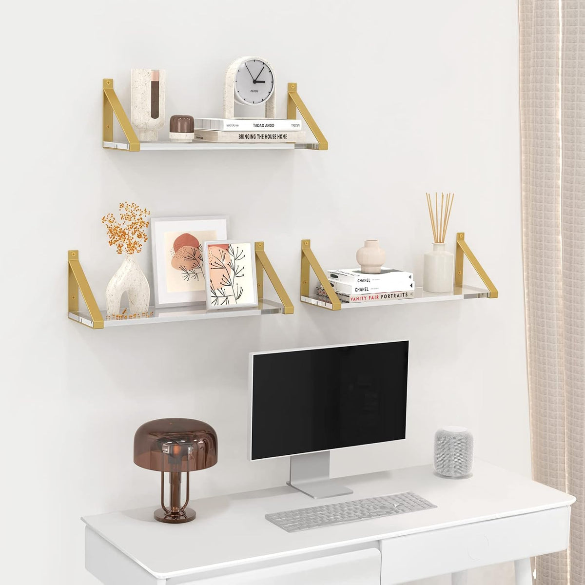 Clear Shelves, Gold Floating Shelves Wall Mounted Set of 3, 8mm Transparent Acrylic, Invisible Wall Shelves for Bedroom, Living Room, Bathroom, Kitchen, Office Display Decor (15in)