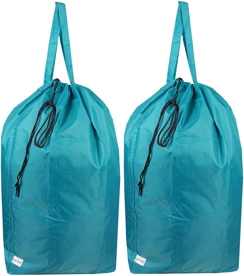 Tear Proof Nylon Laundry Bag with Handles (2 Pack),Travel Laundry Bag with Drawstring Closure,Dirty Clothes Bag Fit Most Laundry Hamper or Basket,27.5x34.5 in,Blue Aqua