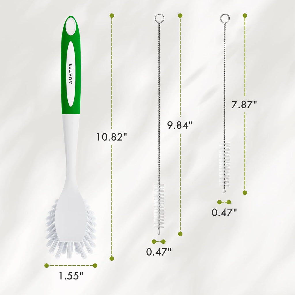 Amazer Dish Brush with Handle, 2Pcs Kitchen Scrub Brushes for Cleaning, 2Pcs Straw Cleaner Brushes for Water Bottle, Dish Scrubber with Stiff Bristles for Sink