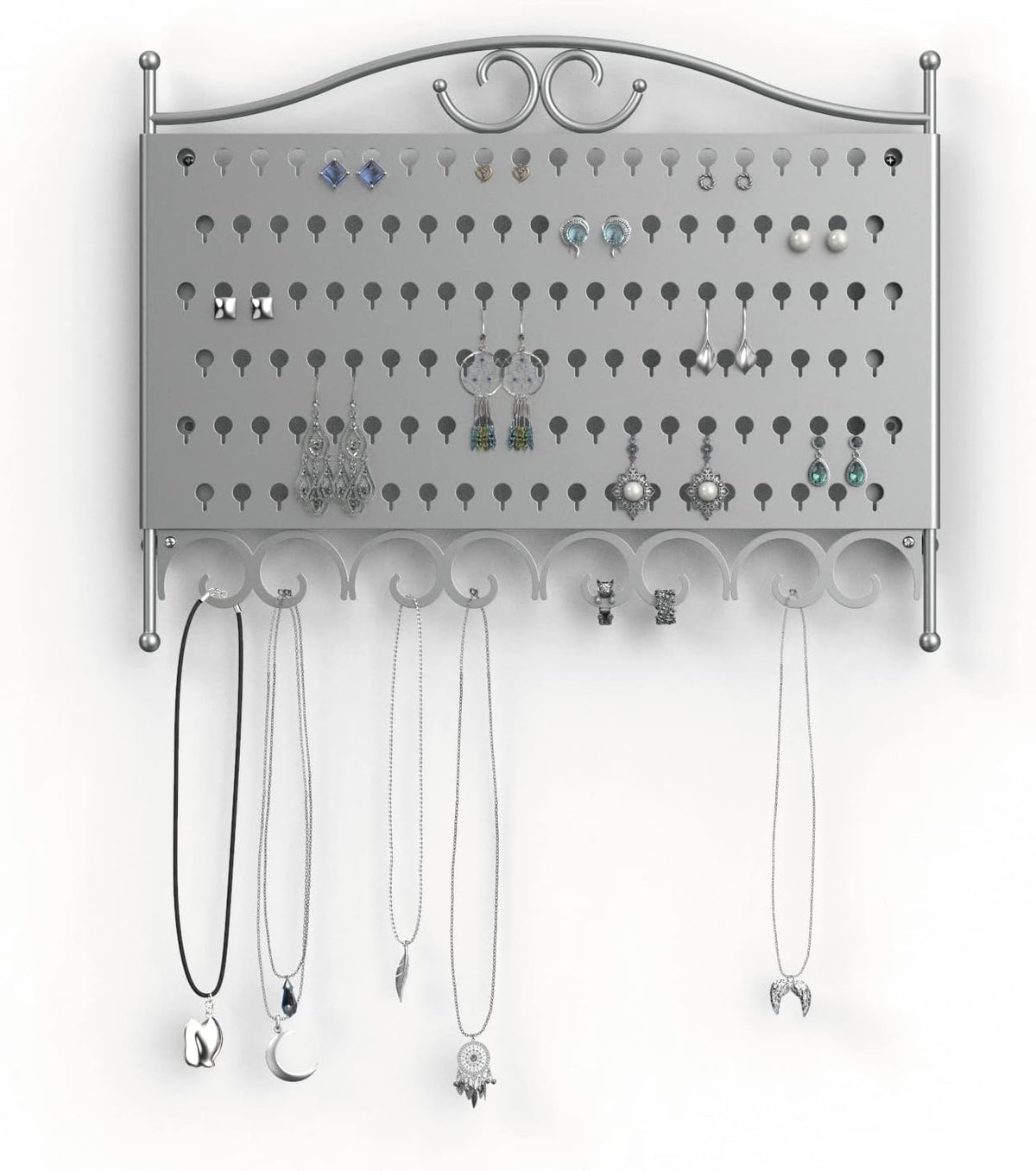 Mango Steam Wall Mounted Closet/Wardrobe Display Hanger Organizer for Jewelry & Earrings With Hooks for Necklaces, Bracelets, Accessories - Silver