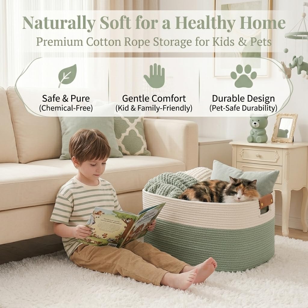 Danpinera 70L Large Woven Blanket Basket for Living Room White & Sage Green