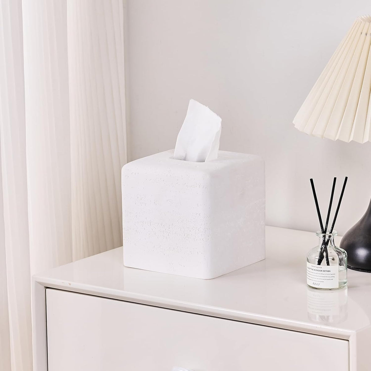 Travertine Look Square Tissue Box Cover for Bathroom Counter, Nightstand
