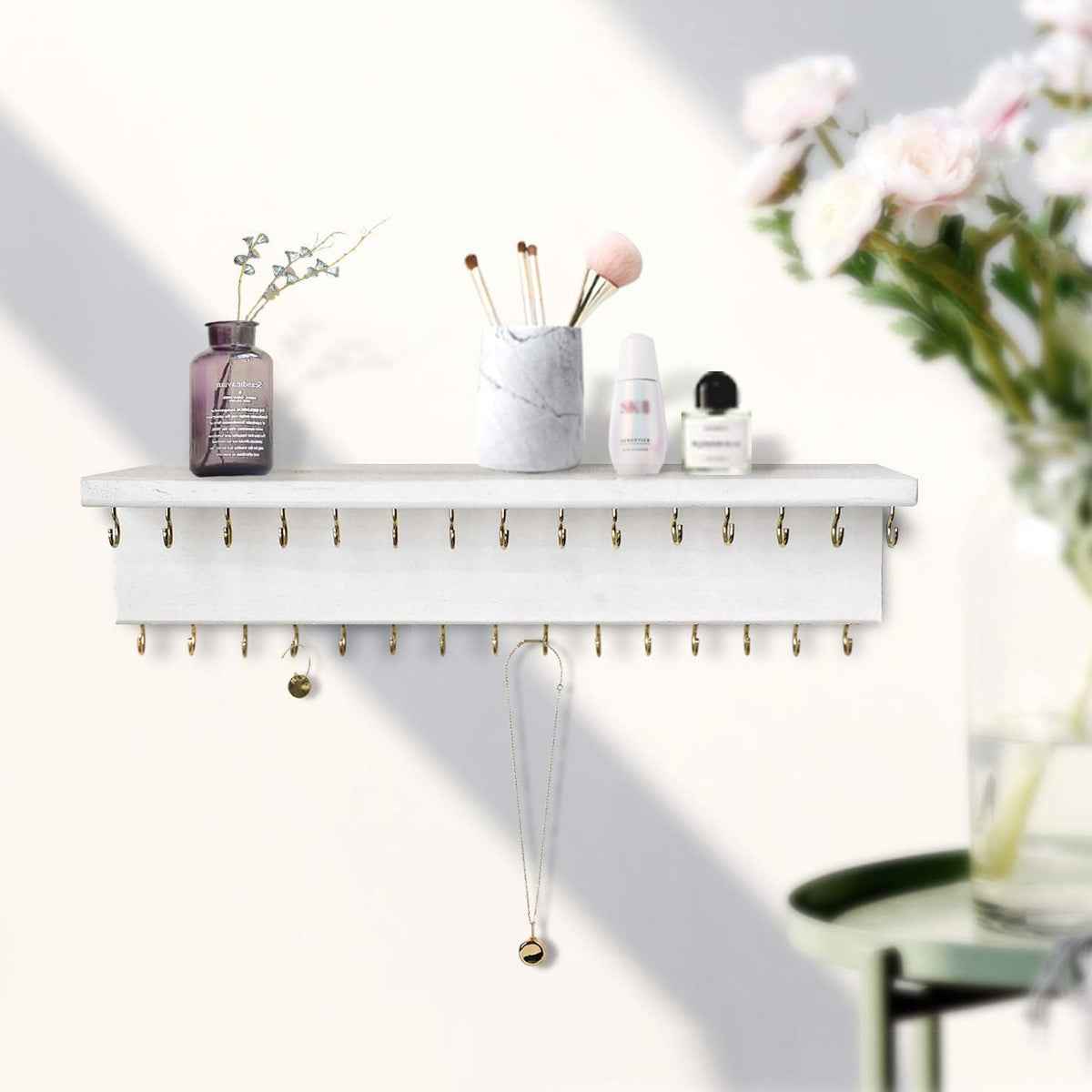 SANY DAYO HOME Jewelry Organizer with 30 Hooks and Cosmetics Shelf, 15 x 3 x 4 inches Wall Mounted Rustic Pine Wood Holder for Necklaces and Bracelets, Suitable for Kids and Adults (Retro White)