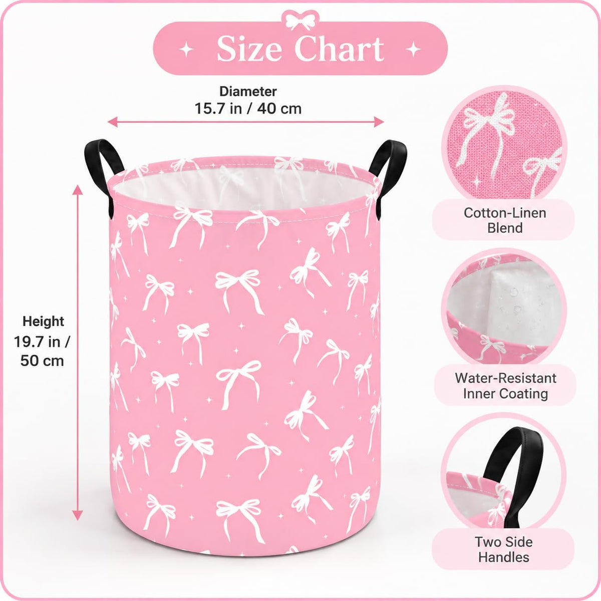 Pink Bow Cute Laundry Basket, Round Laundry Hamper with Handles, Foldable Cotton Linen Storage Bin for Girls Bedroom, Dorm Room, Nursery, Closet, Clothes and Toys