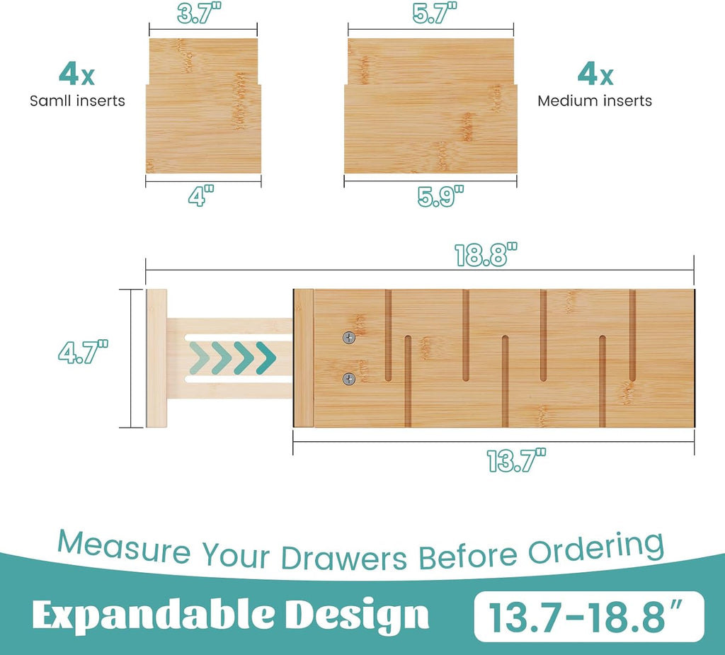 Bamboo Drawer Dividers 4 Pack, Adjustable 13.7-18.8in Dresser Organizer