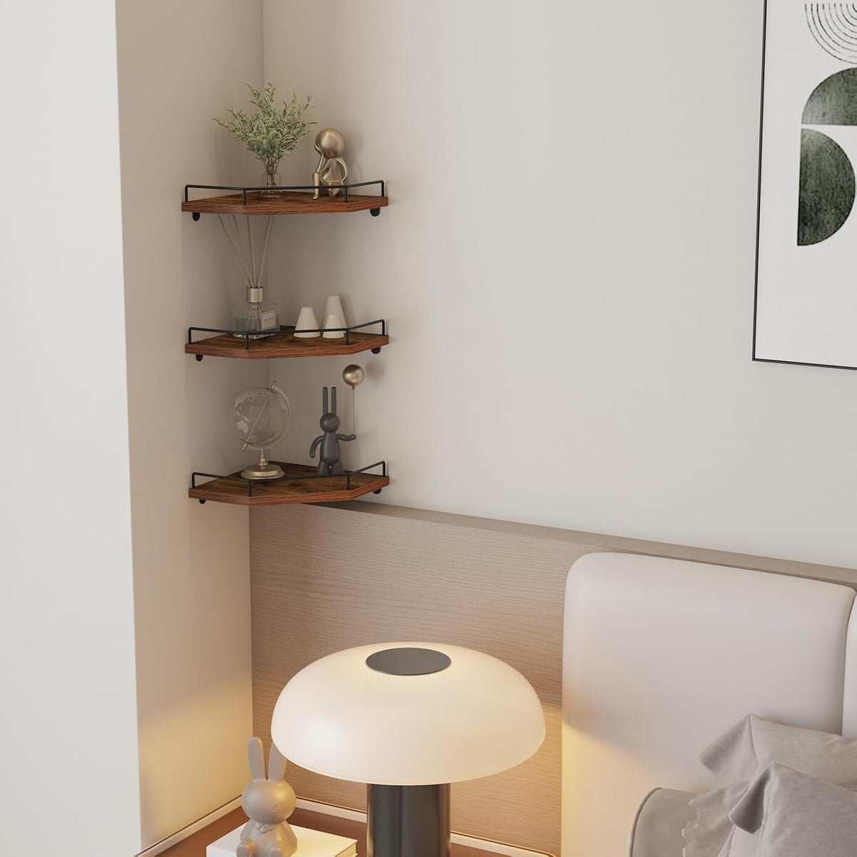 Trwcrt Corner Shelf Wall Mounted Set of 3, Floating Wall Shelves Rustic Wooden Storage Shelves for Bedroom, Bathroom, Living Room, Brown