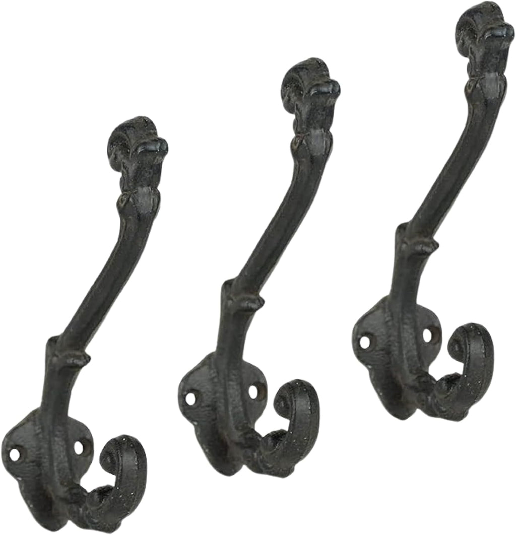 The Metal Magician Wall Mounted Antique Cast Iron Vintage Style Wall Hooks for Coats, Bags, Towels, Hats - (Set of 3) Black