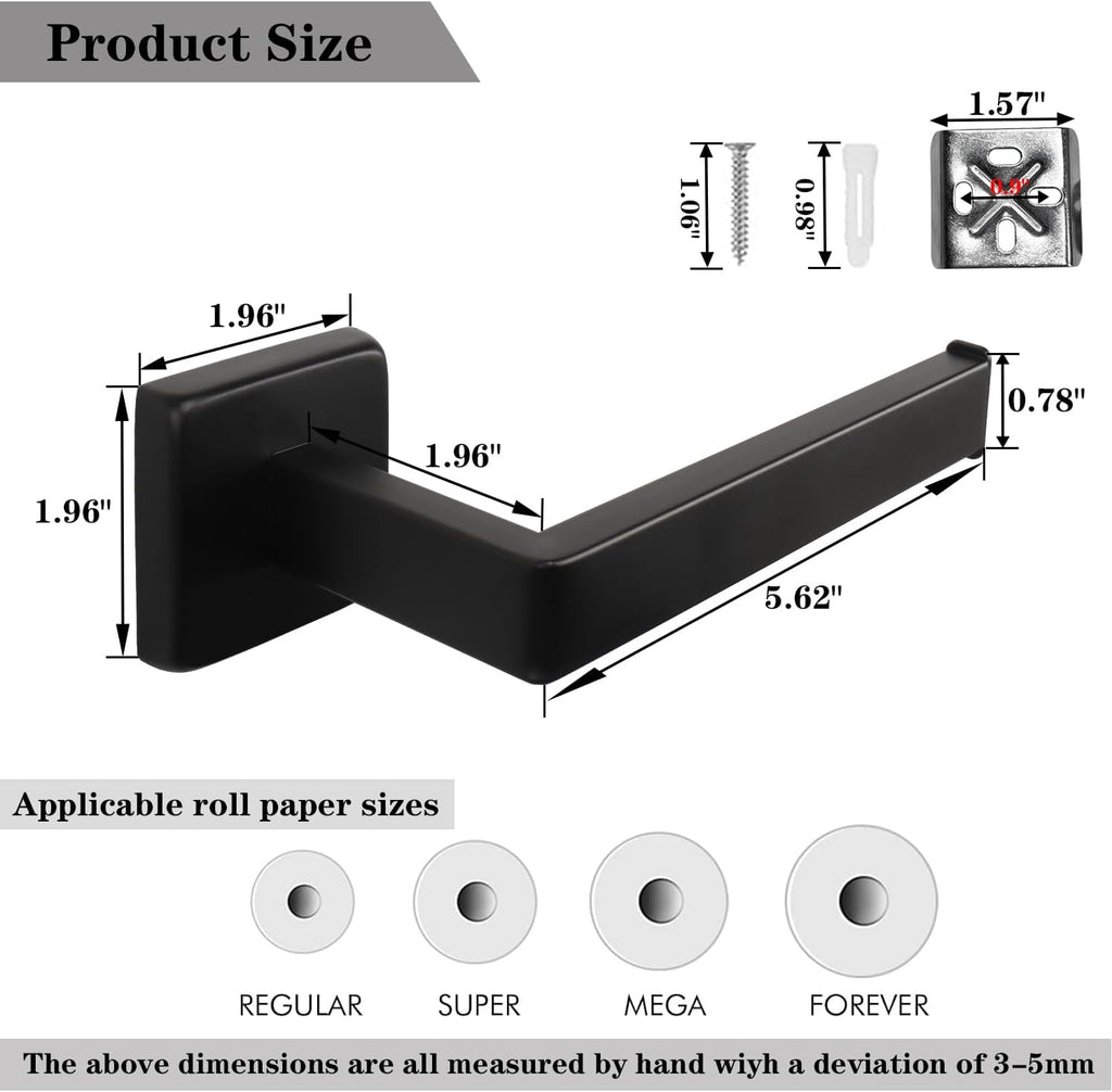 TocTen Toilet Paper Holder-Bathroom Tissue Holder Fit Big Roll Paper, Made of Thicken SUS 304 Stainless Steel, Square Paper Roll Holder Wall Mount Suitable for Bathroom, Kitchen, Office (Black, 6.5)