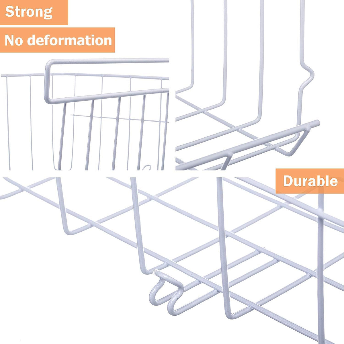 Lonians 2-Pack Under Shelf Hanging Storage Baskets - Metal Wire Rack Organizer for Kitchen, Pantry, Cabinet, Bathroom, Desk - Space Saving Shelf Extender (White, Large)