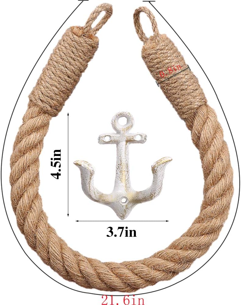 2 Pcs Nautical Rope Toilet Paper Holder Wall-Mounted Towel Ring Nautical Toilet Paper Holder with Metal Hooks Coastal Towel Rack Natural Antique Rope(White+White)