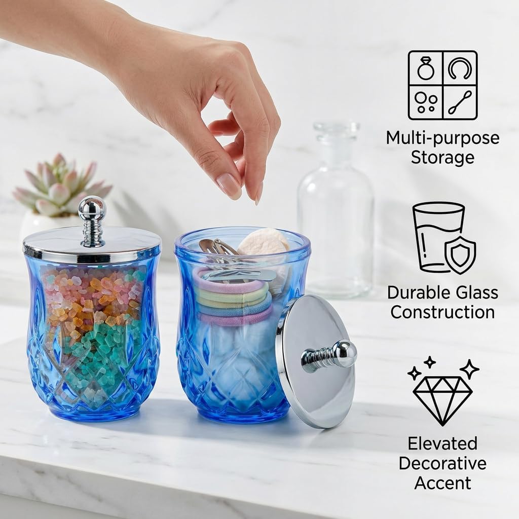2 Pack 10Oz Blue Q-Tip Holder, Round Thick Glass
