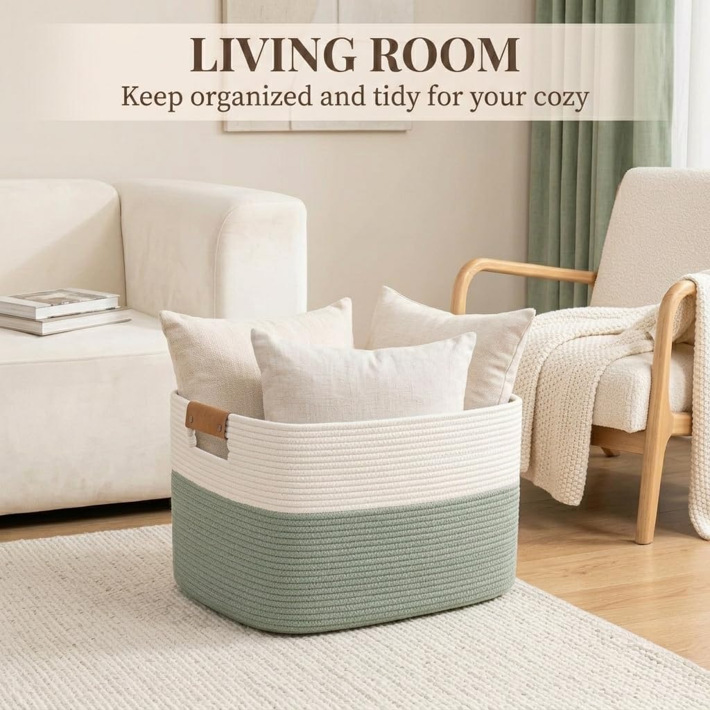 Danpinera 70L Large Woven Blanket Basket for Living Room White & Sage Green