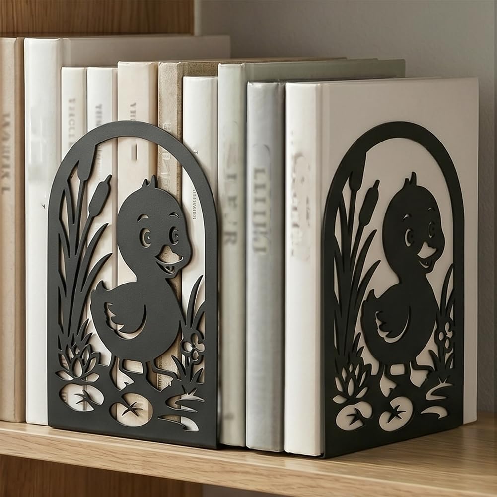 1 Pairs Cute Duck Metal Bookends, Heavy Duty Black Book Support, Creative Books Organiser Stopper for Shelves Bookshelf Office Home Decor, Animal Lovers & Bookworms Gift