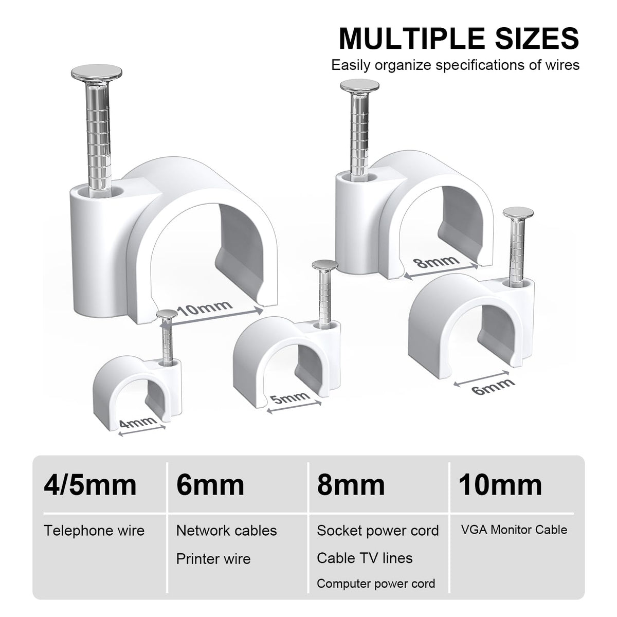 Jadaol Wide Design Cable Clips with Nails, 250 Pack Cord Wire Clips (4mm 5mm 6mm 8mm 10mm), Nail-in Round Cable Tacks for Ethernet Cable, Coaxial, TV, Speaker, Electrical Wire, White