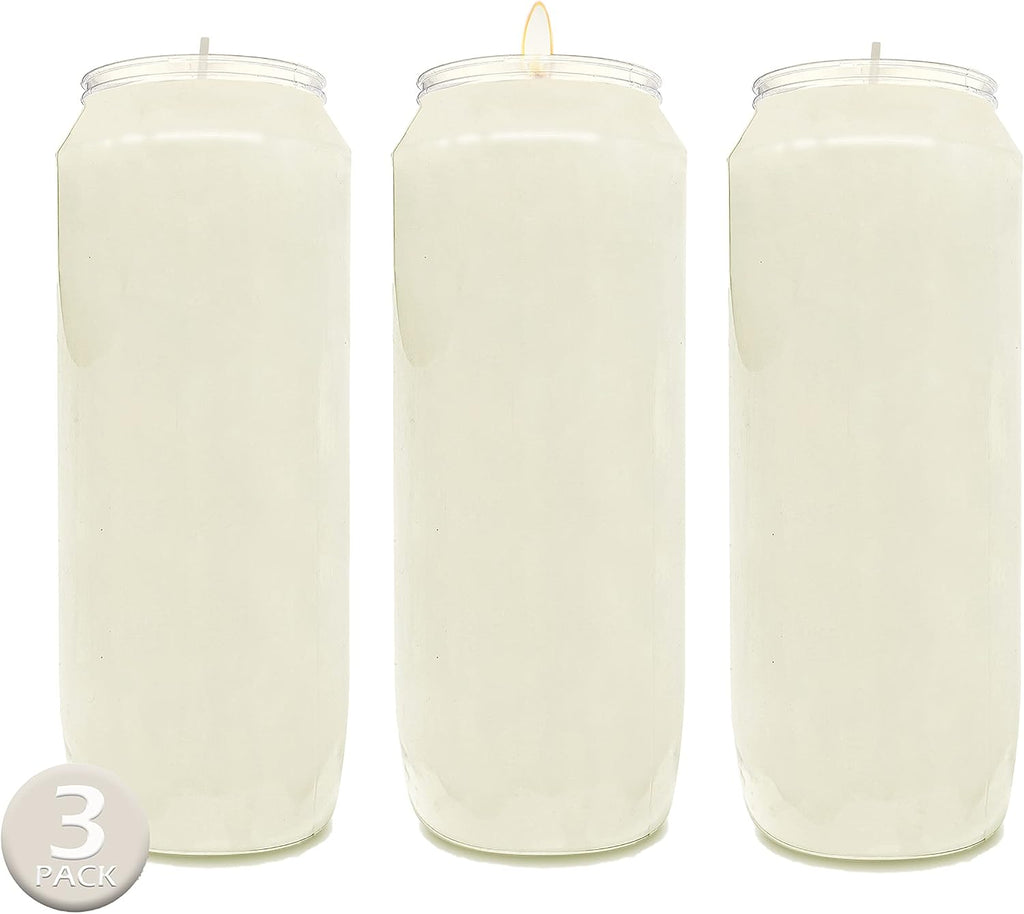 Hyoola 9 Day Prayer Candles 7 inch Tall Pillar Candles for Religious, Memorial, Party Decor, Vigil and Emergency Use - Vegetable Oil Wax in Plastic Jar Container, White (Pack of 3)