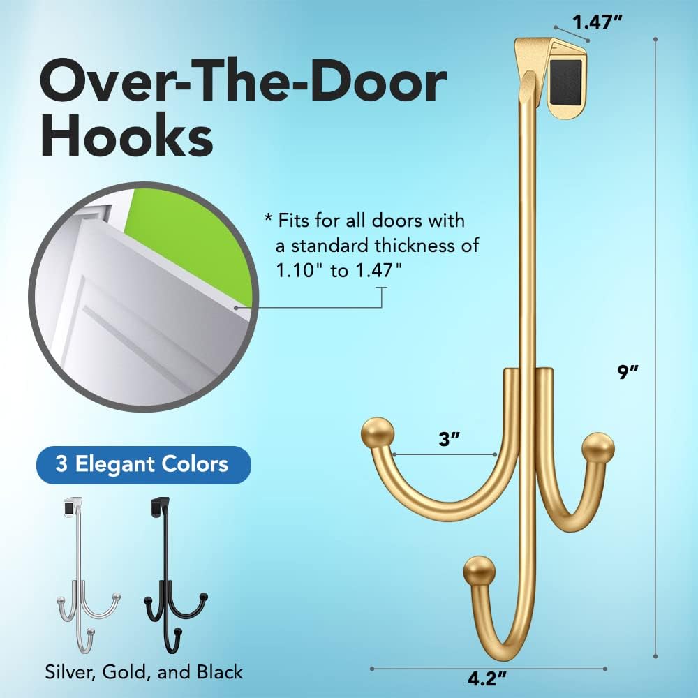 2-Pack Over The Door Hook - with 3 Hang Heads & Snug Fit Pads- 2Pcs Heavy Duty Hooks for Hanging Coats, Towels, Caps & Robes - Elegant Matt Finish - No Drill Hanger Organizer - Gold