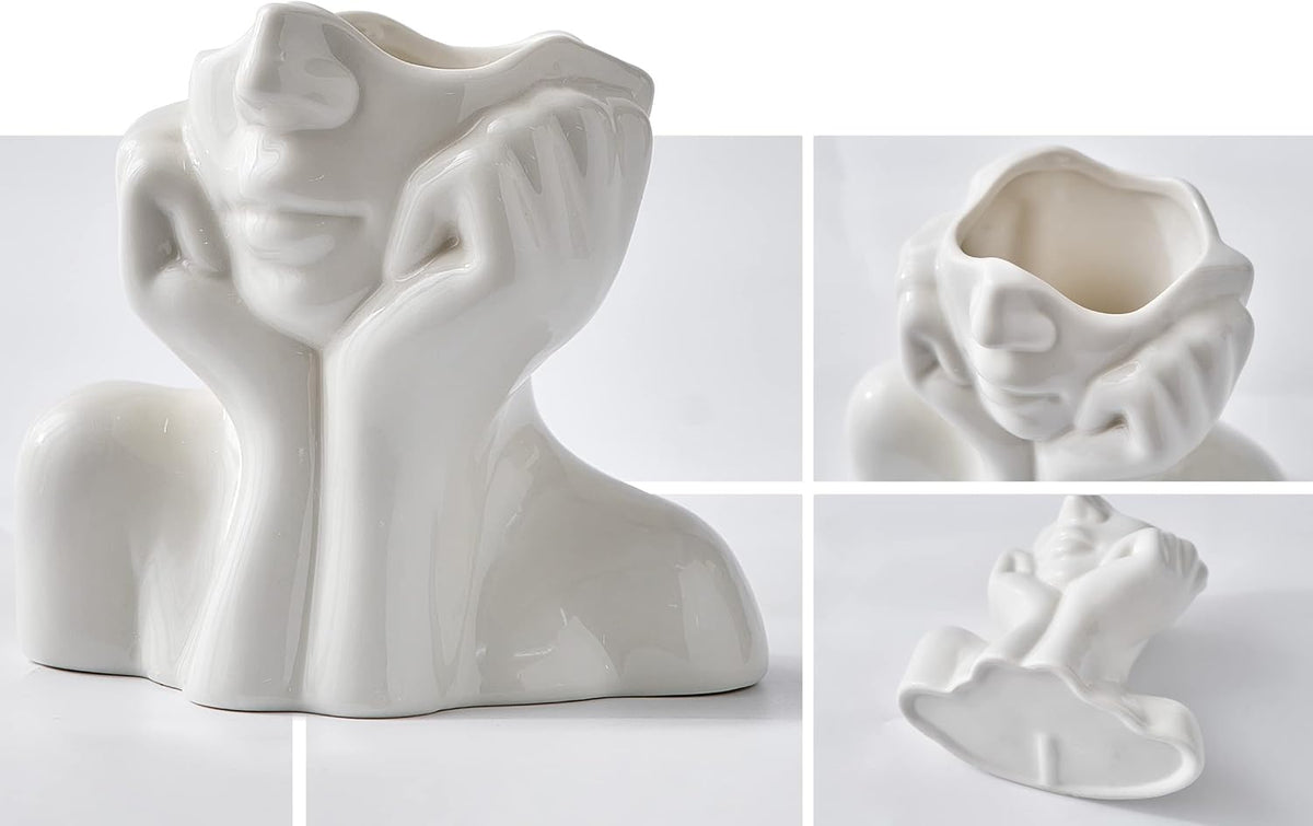 FJS Ceramic Face Vase, White Flower Vase for Table Decor