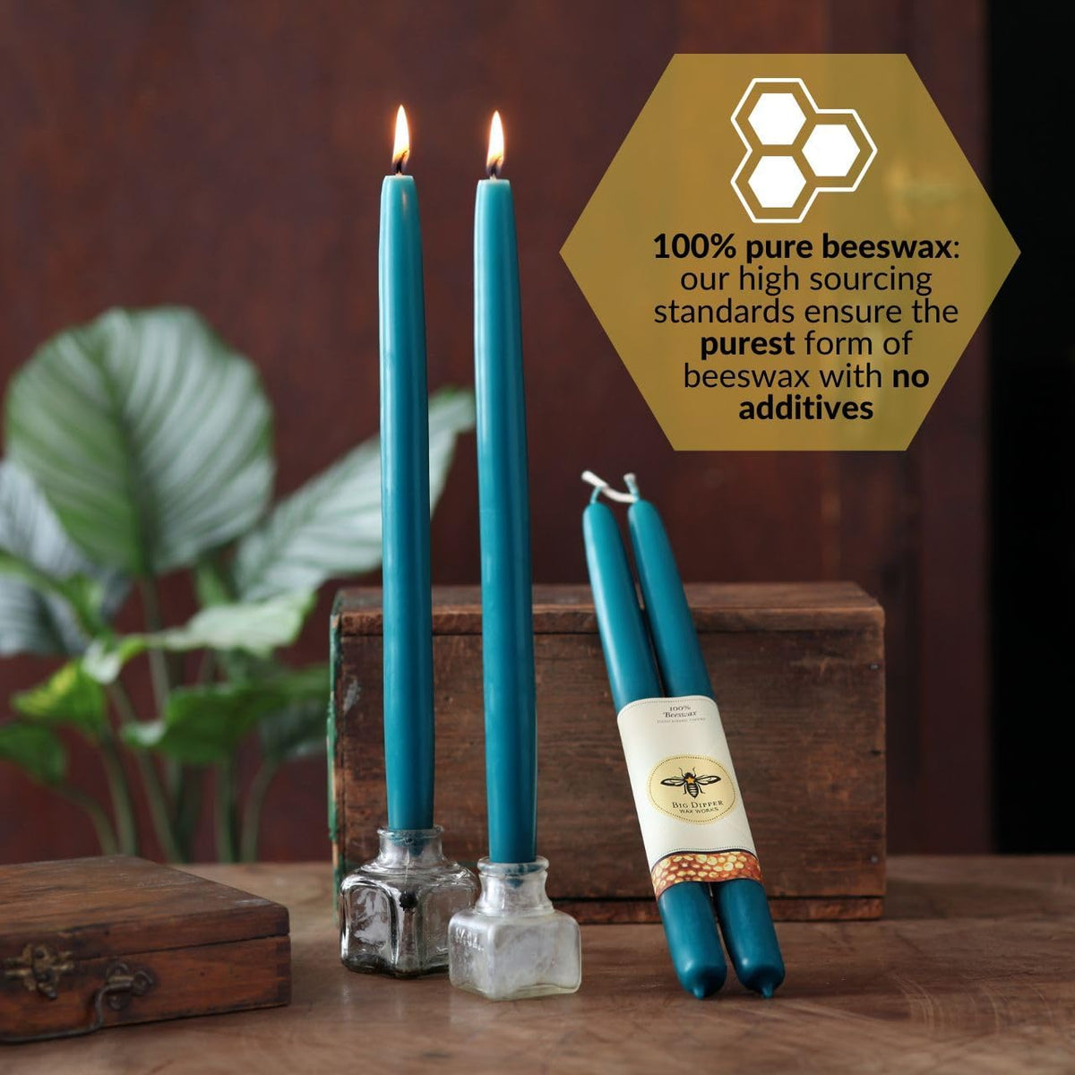 Big Dipper Wax Works 100% Beeswax Taper Candles, 12in, 2 Pack, Teal Blue
