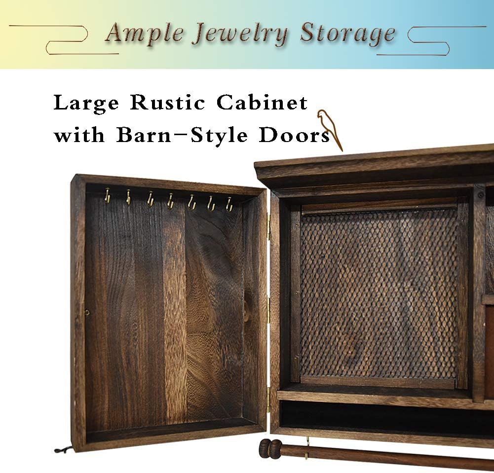 GLANT Rustic Wall Mounted Jewelry Organizer with Wooden Barndoor Decor,Wooden Wall Mount Holder,Jewelry holder for Necklaces, Earings, Bracelets, Ring Holder. Includes matching hook organizer (Rustic)