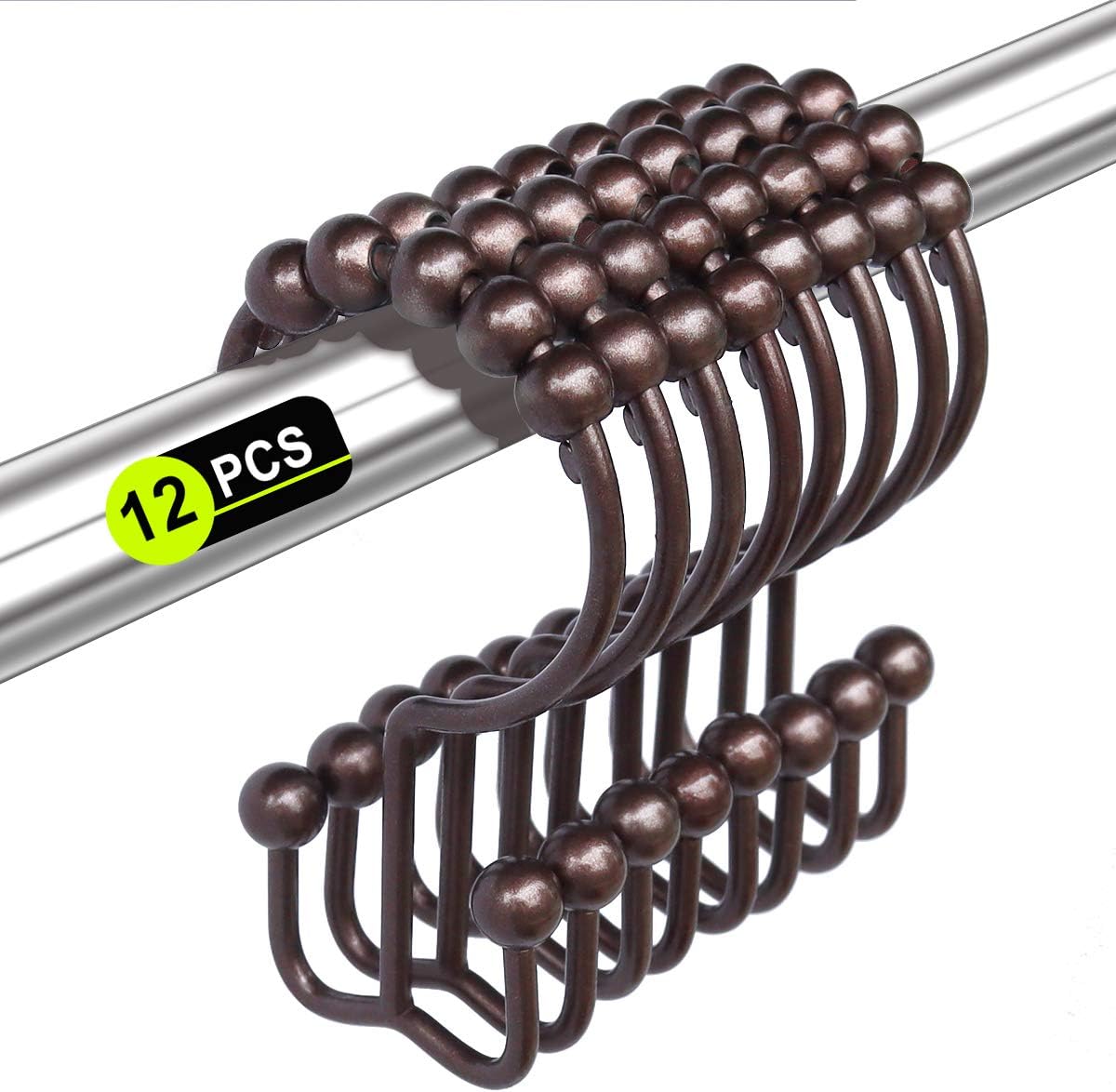 Shower Curtain Hooks Rings for Bathroom, 12PCS Stainless Steel Metal Rust Resistant Balance Sliding Double Curtain Hooks (Bronze)