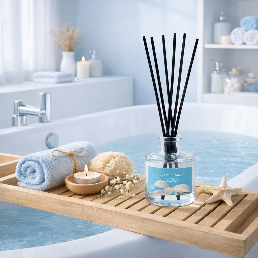 Reed Diffuser Set, Sea Salt & Sage 3.52 oz (100ml) Scented Diffuser with Sticks Home Fragrance Reed Diffuser for Bathroom Shelf Decor, Ideal Gift for Woman