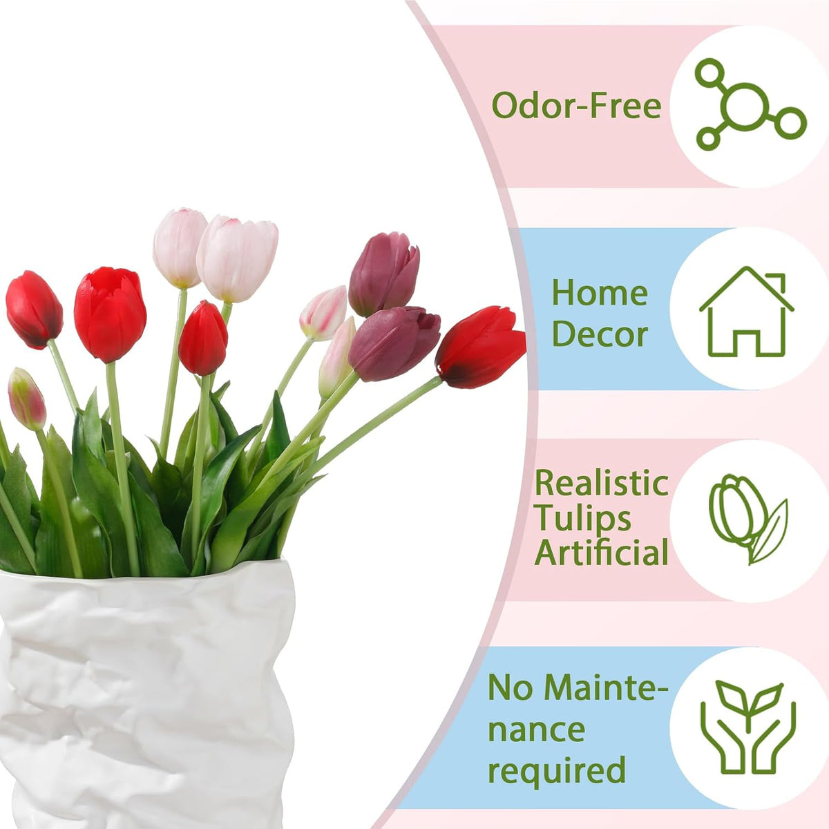 15 Pcs Light Pink-Red-Deep Purple Artificial Tulips Fake Flowers, Premium Latex Lifelike Texture, UV Resistant Waterproof Faux Tulip Bouquets with Snap-on Petals for Outdoor, Home, Wedding Decor