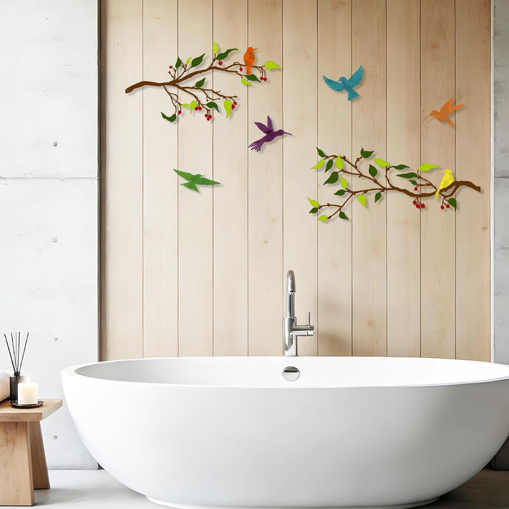 Harikikochuu 4PCS Metal Birds Wall Art, Birds on the Branch Silhouette Art, Metal Leaves with Hummingbirds Outdoor Wall Art for Home Office Balcony Garden Decor (Colorful, Hummingbirds)