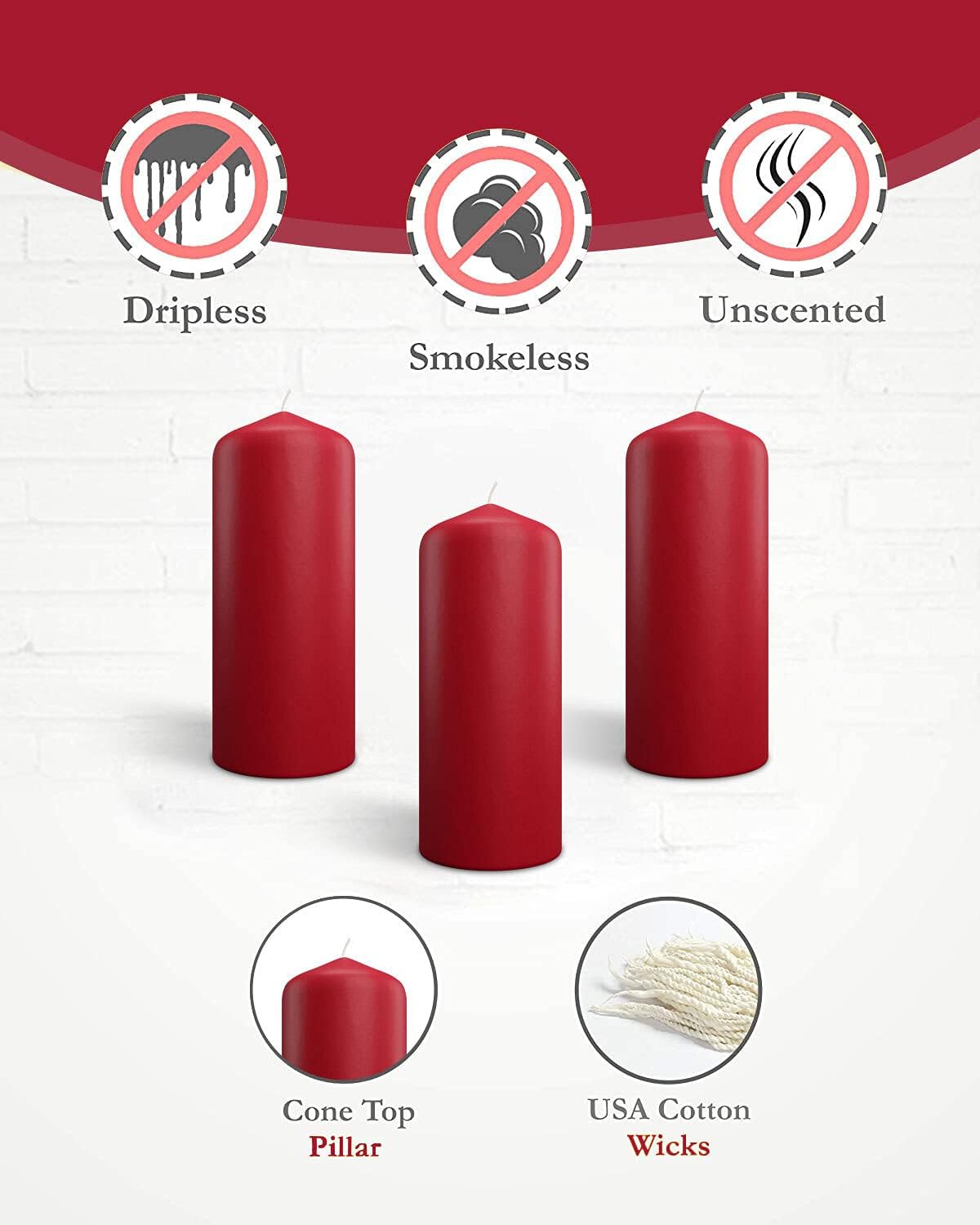 Cone Top Pillar Candles by Bask - Set of 6-3" x 6" Dripless Unscented Holiday Candles in Red for Home Decor, Relaxation & All Occasions