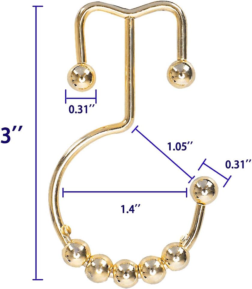 Shower Curtain Hooks Rings for Bathroom, 12PCS Stainless Steel Metal Rust Resistant Balance Sliding Double Curtain Hooks (Gold)