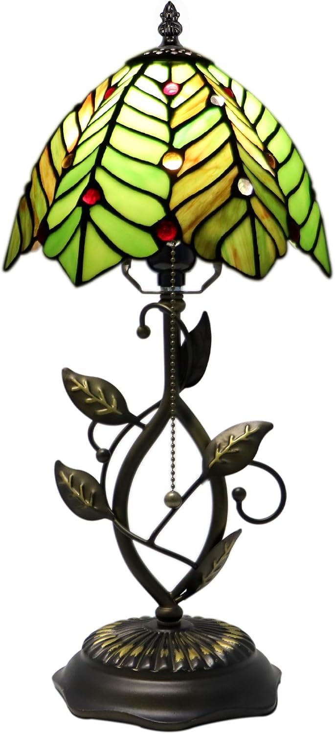 Tiffany Style Stained Glass Table Lamp Green Coconut Leaves 18 Inch