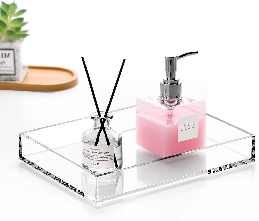 DINGHUO Acrylic Perfume Bathroom Vanity Counter Tray, Clear 9.45"x7.09"x1.38" Rectangle Countertop Organizer for Jewelry Candles Soap Makeup Toilet Tank Kitchen - 1 Pack