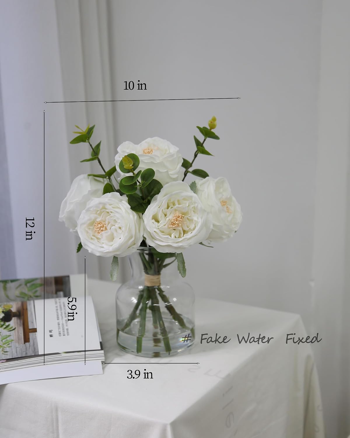 Artificial Flowers in vase, Vivid Faux Rose Flowers Arrangements, Austin Rose Centerpieces for Tables, Flower Ornaments and Flower Arts for Living Room (White)