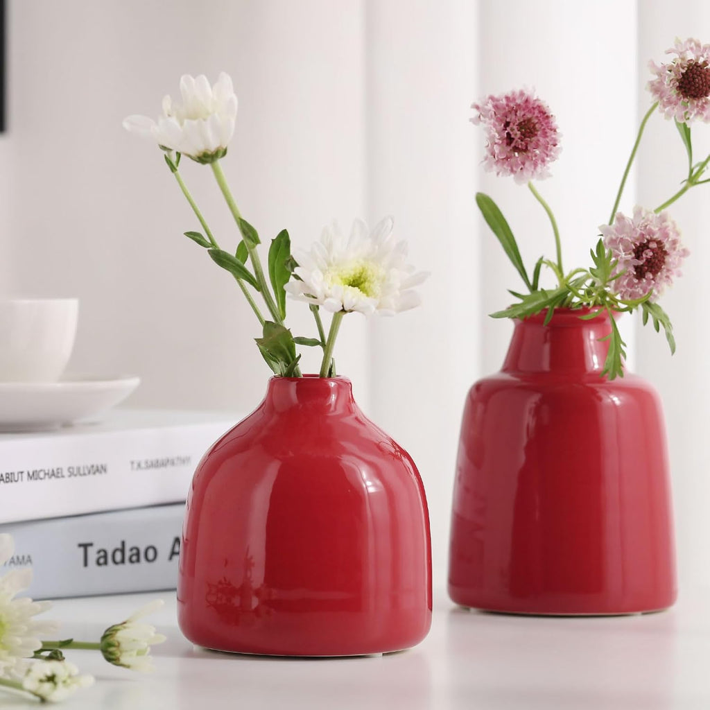 hjn Red Small Vase Set of 3 for Modern Home Decor,Ceramic Vases for Centerpieces Flower Vases for Living Room Wedding/Dinner Table/Party -Red