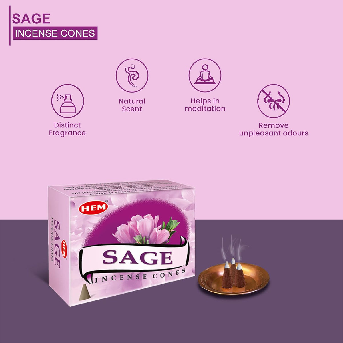 Hem Sage Incense Cones – 120 Cones (12 Packs x 10 Cones) – Aromatic Home Fragrance Cones for Meditation, Relaxation & Aromatherapy