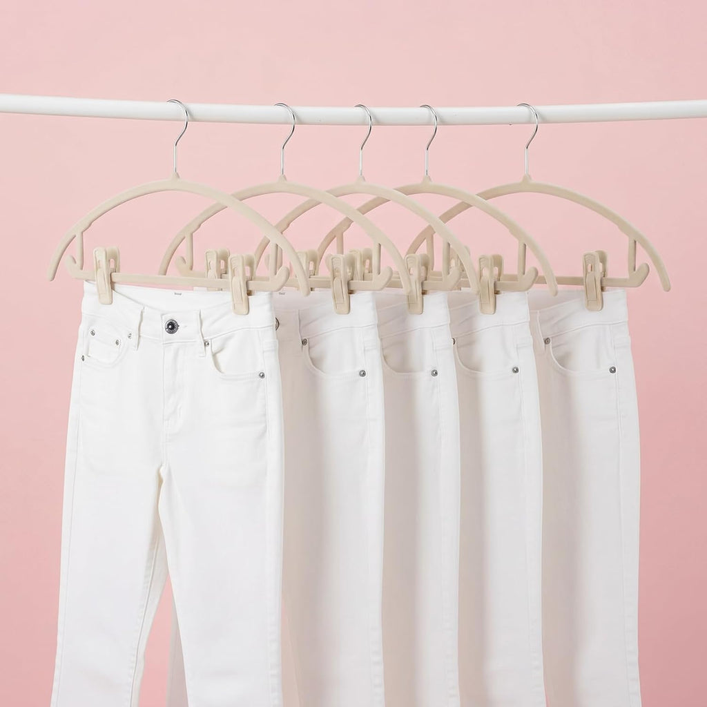 60 Pcs Beige Velvet Hanger Clips, Strong Flocking Finger Clips for Skirts, Pants & Scarves | Non-Slip Clip for Thin Velvet Hangers