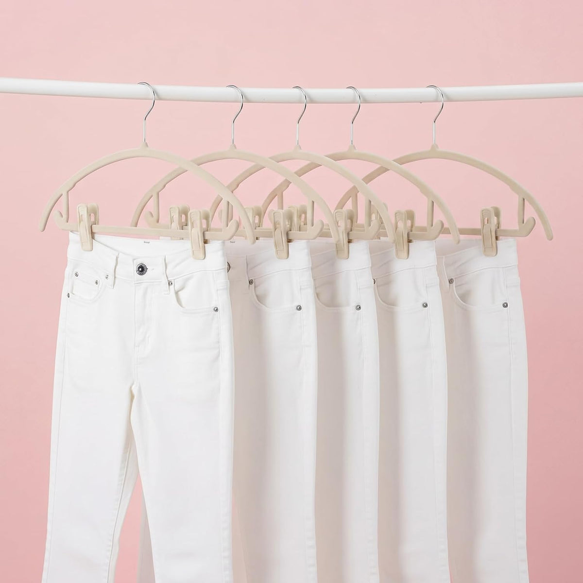 60 Pcs Beige Velvet Hanger Clips, Strong Flocking Finger Clips for Skirts, Pants & Scarves | Non-Slip Clip for Thin Velvet Hangers