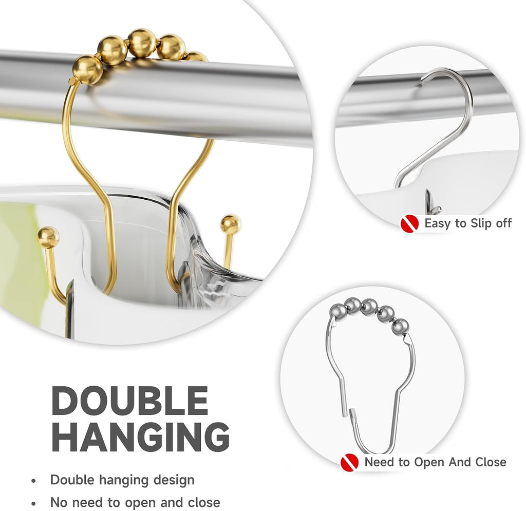 Bathway Shower Curtain Hooks, Shower Curtain Rings Rust Proof Double Hook Shower Curtain Hooks, 12 Pcs Bright Gold Shower Hooks for Shower Curtain, Shower Rings for Curtain, Metal Shower Rod Hooks