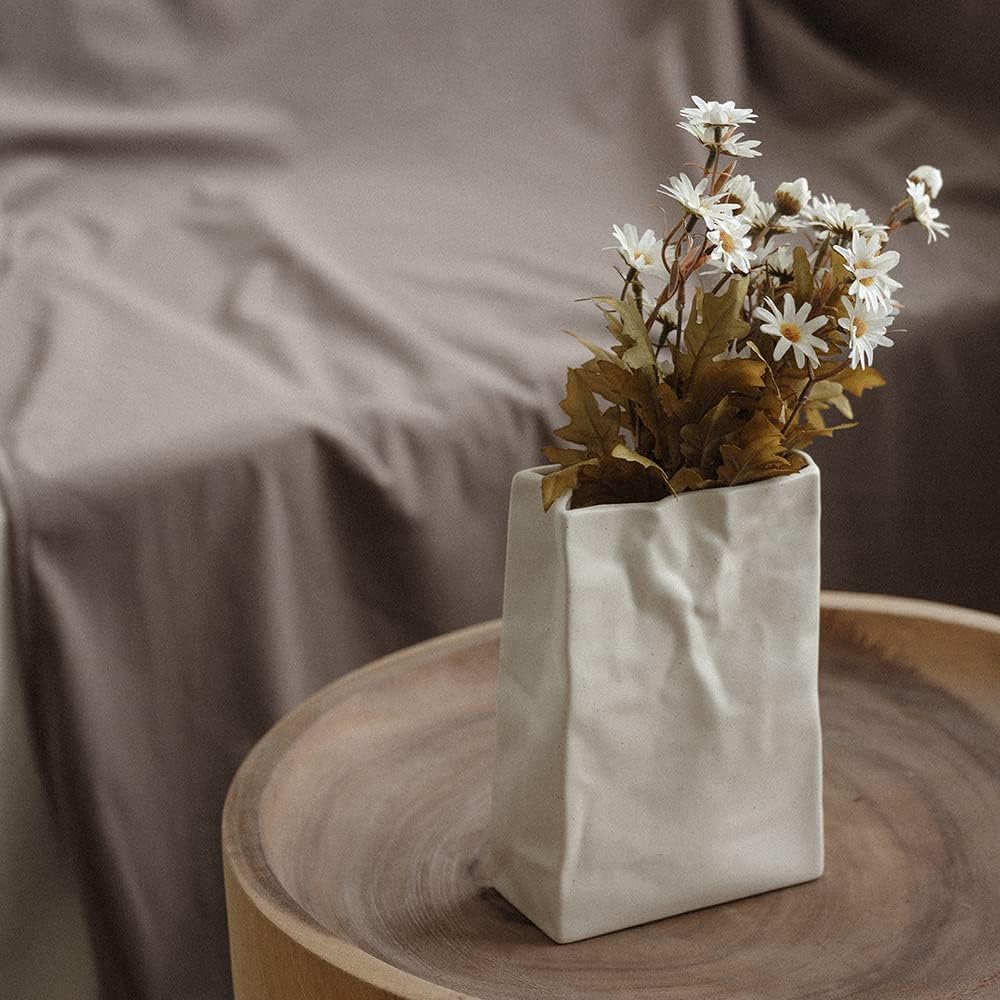 WENSHUO Flower Vase, Ceramic Crinkle Paper Bag Vase, 7.87 x 5.7 in, Crème