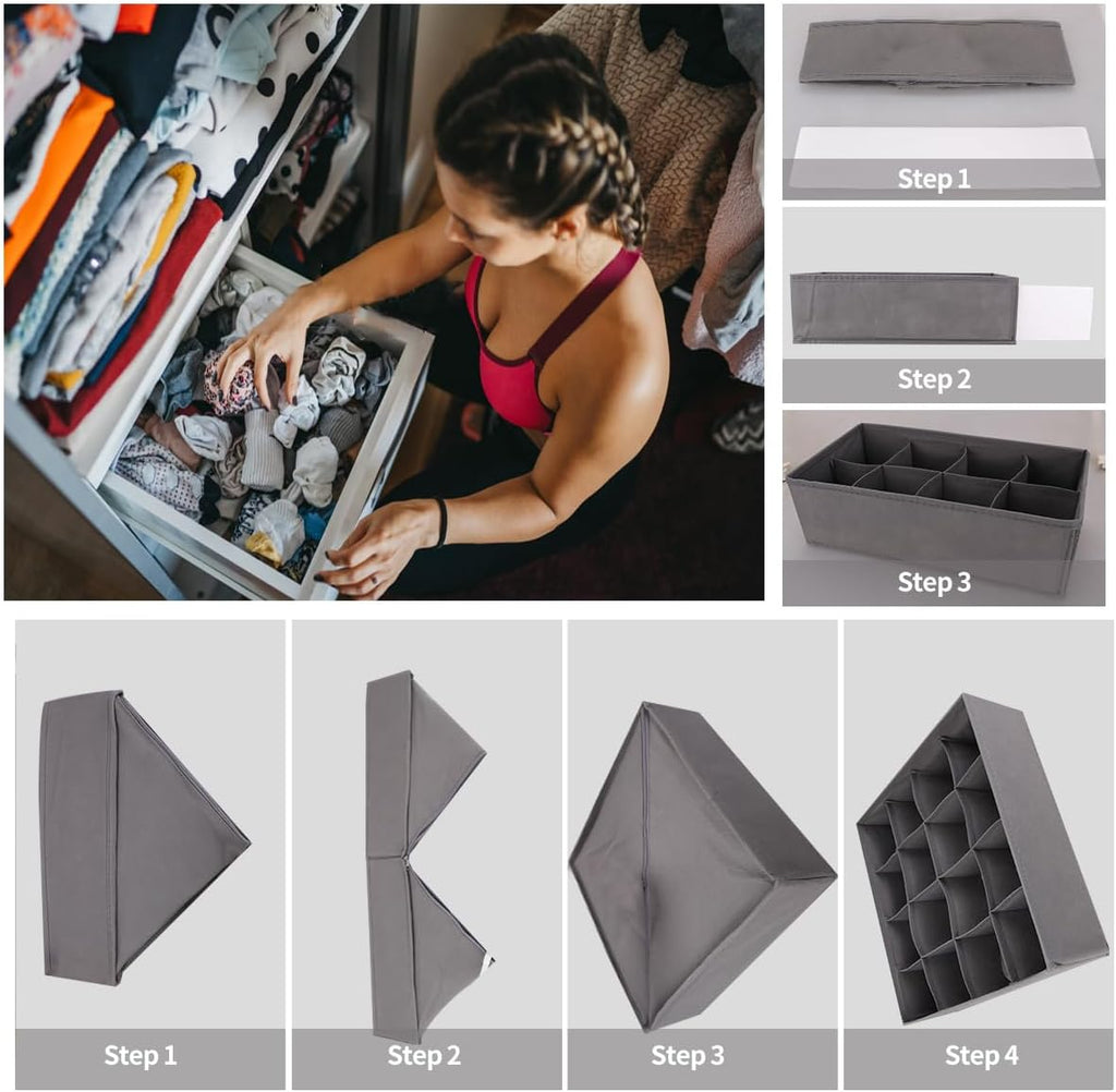 Lourome Underwear Drawer Organizer, 5-Pack, for Socks, Bras, Tie, Grey
