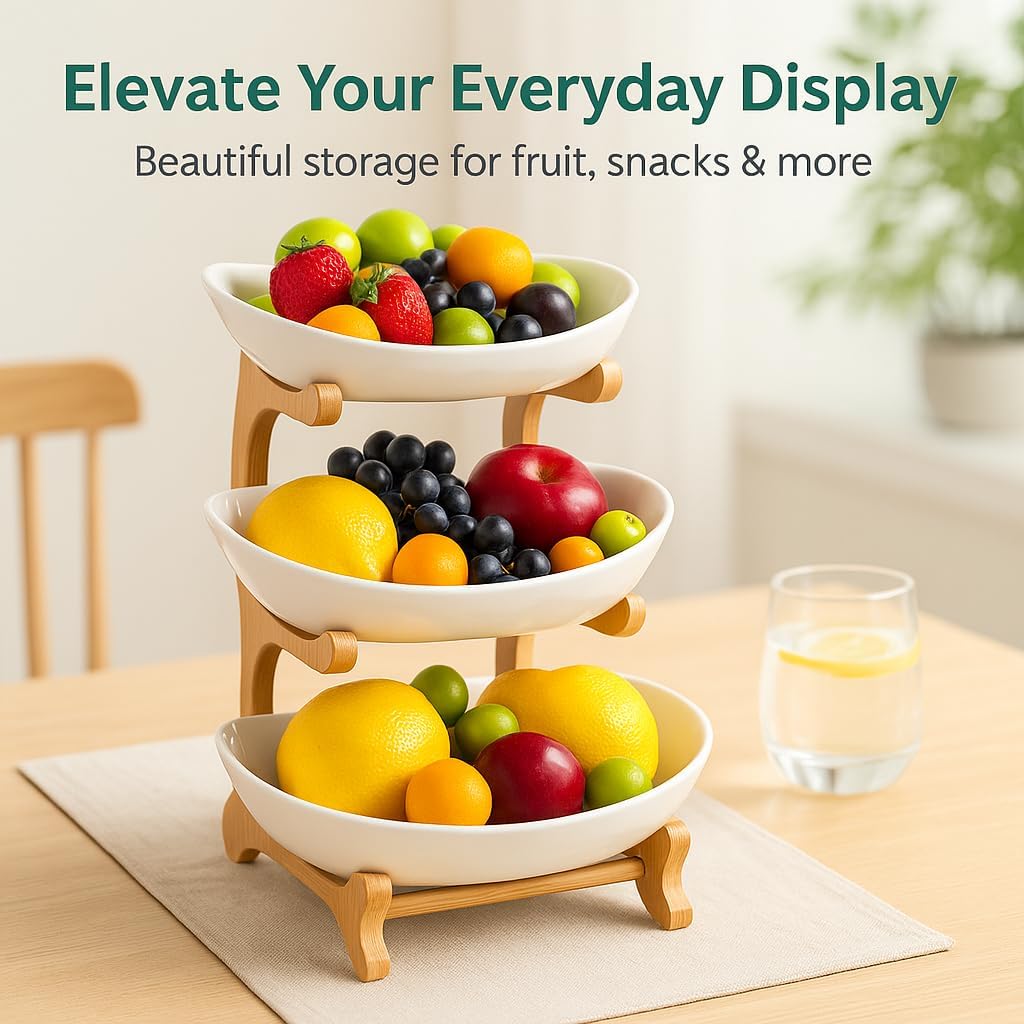 Bamboo Fruit Stand - 3 Tier Ceramic Fruit Bowls with Wooden Stand – Fruit Holder for Kitchen, Dining Table & Living Room – Decorative Countertop Organizer for Fruits, Vegetables & Snacks