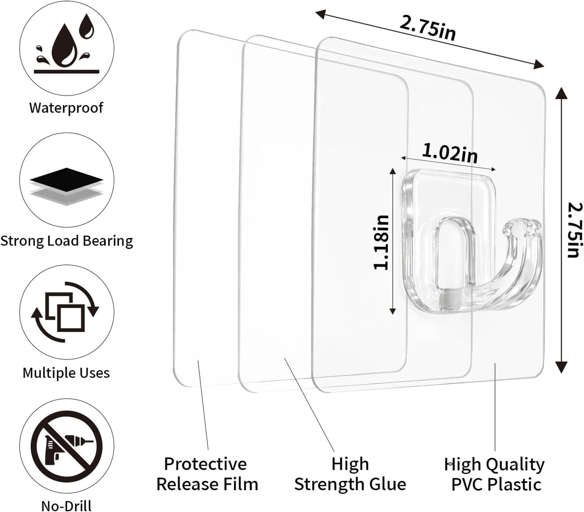 Adhesive Wall Hooks, 22 lb Max, Heavy-Duty Hold, No Drill, 20 Pack