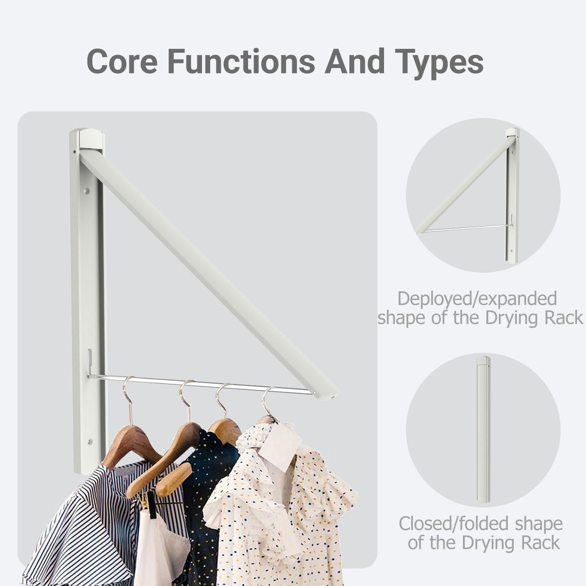 Wall Mounted Drying Rack Foldable, No Drill Laundry Clothes Drying Rack, Collapsible Wall Clothes Hanger with 65 lb Capacity for Laundry Room Bathroom Apartment, White