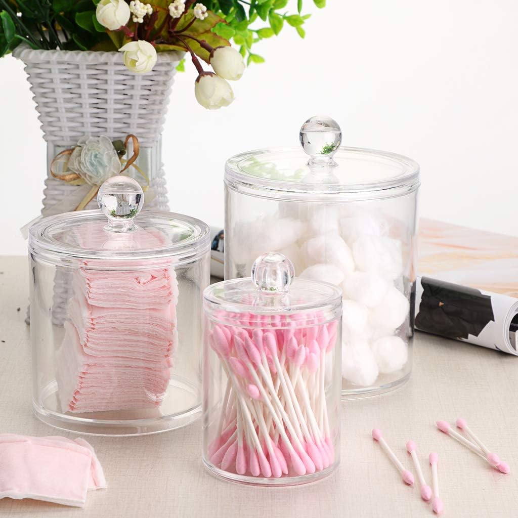 Hipiwe Set of 3 Cotton Ball and Swab Organizer Acrylic Q-Tips Jar with Lid