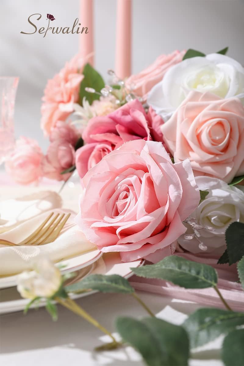 Serwalin Artificial Flowers Spring Pink Silk Roses Flower for Wedding Decor