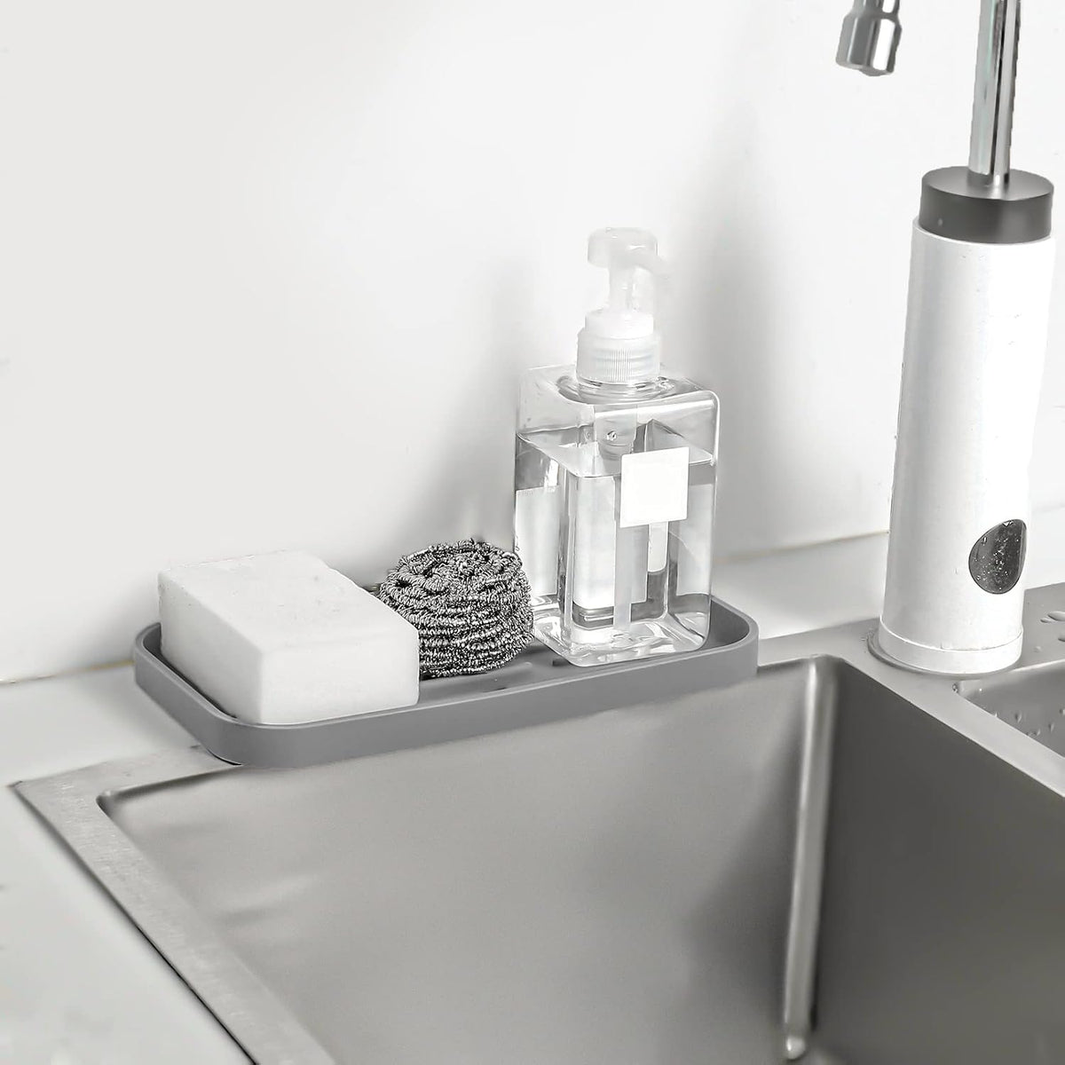 MicoYang Silicone Kitchen Sink Organizer Tray for Multiple Usage,Eco-Friendly Sponges Holder for Kitchen Bathroom Counter or Sink,Dish Soap Dispenser,Scrubber,Bottle,Cup (Grey, 10"×5.3")