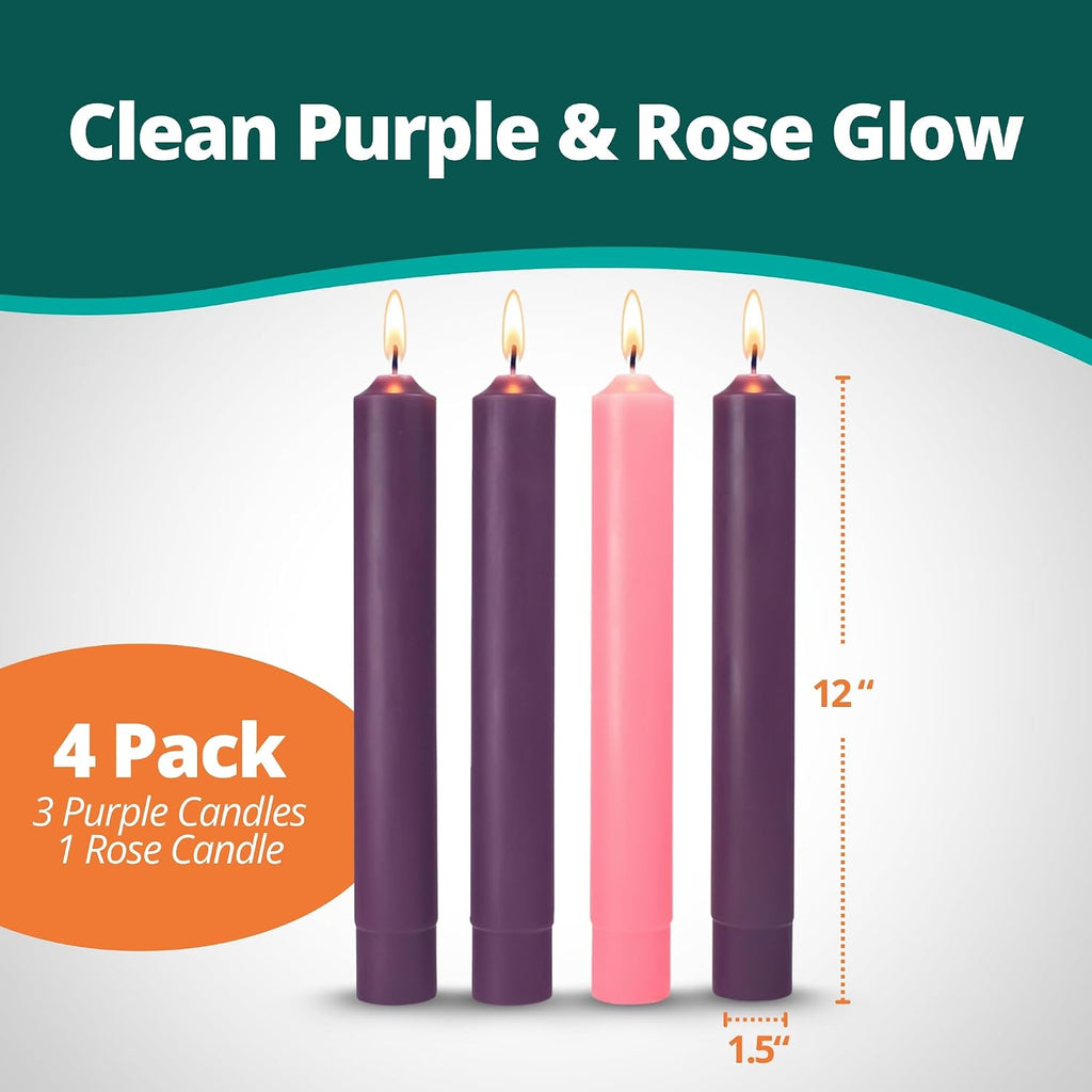 Concordia Supply 12" x 1.5" Advent Wreath Taper Candles (3 Purple, 1 Rose)