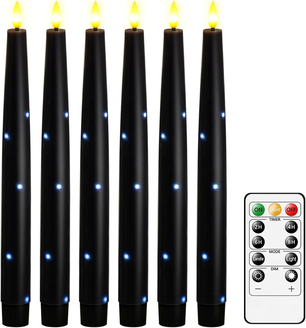 Nimiko Flameless Taper Candles with Star Lights, Remote Control, and Timer Control, Made of Real Wax, LED Battery-Powered Candles Suitable for Home, Party, and Wedding Decorations 6-Pack Black