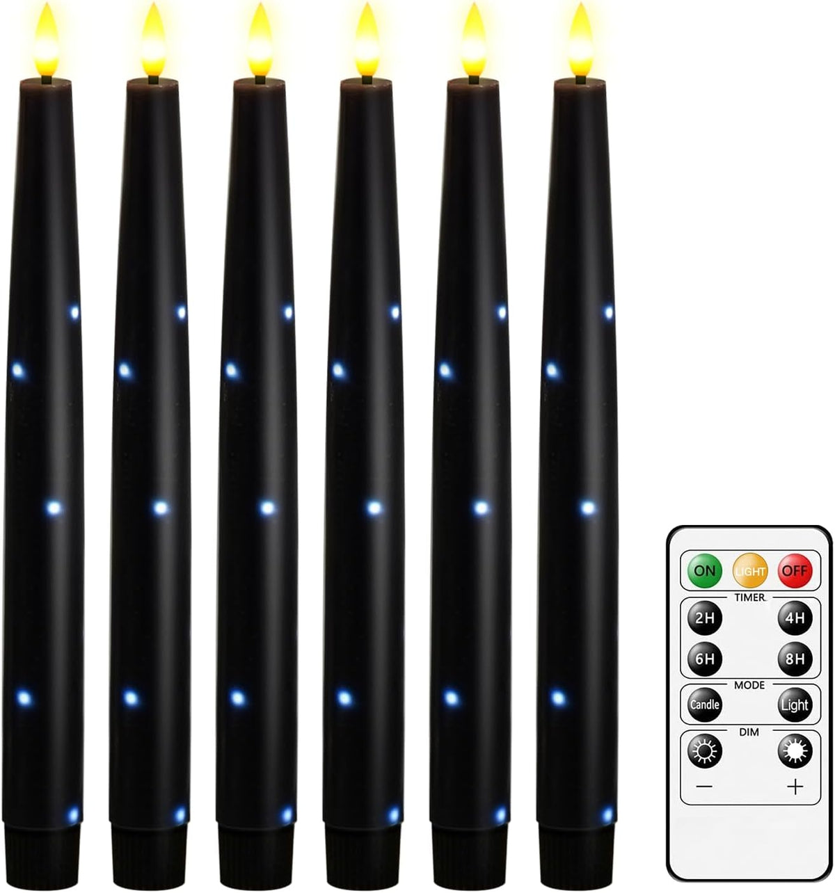 Nimiko Flameless Taper Candles with Star Lights, Remote Control, and Timer Control, Made of Real Wax, LED Battery-Powered Candles Suitable for Home, Party, and Wedding Decorations 6-Pack Black